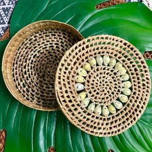 Round Woven Cowrie Shell Basket with Lid